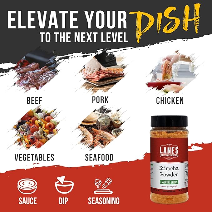 Lane's Sriracha Seasoning Powder, All-Natural Sriracha Powder Seasonings and Spices for Cooking, Goes Well with Meat & Vegetables, Made in USA, 7.7 Oz