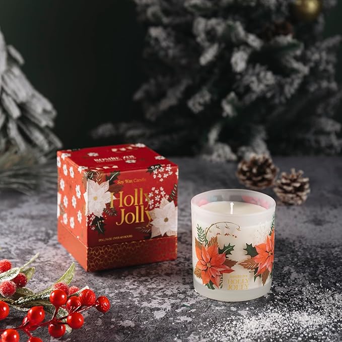 ROMIIE ZOI Christmas Scented Candle - 6oz Soy Wax Candle, Holly Jolly Decorations for Women, Infused with Citrus & Pine Aroma - Exquisite Red & Gold Gift Box Packaged for Christmas Holiday Season Gift
