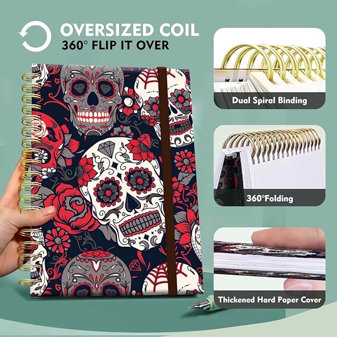 Cute Spiral Notebook, Journal for Women, Hardcover Spiral Journal, 5.5 x 8.3 Inches, 120 Pages,100gsm Paper, for Gifts Nurse Teacher Women Office Supplies(Cute Red Skull)