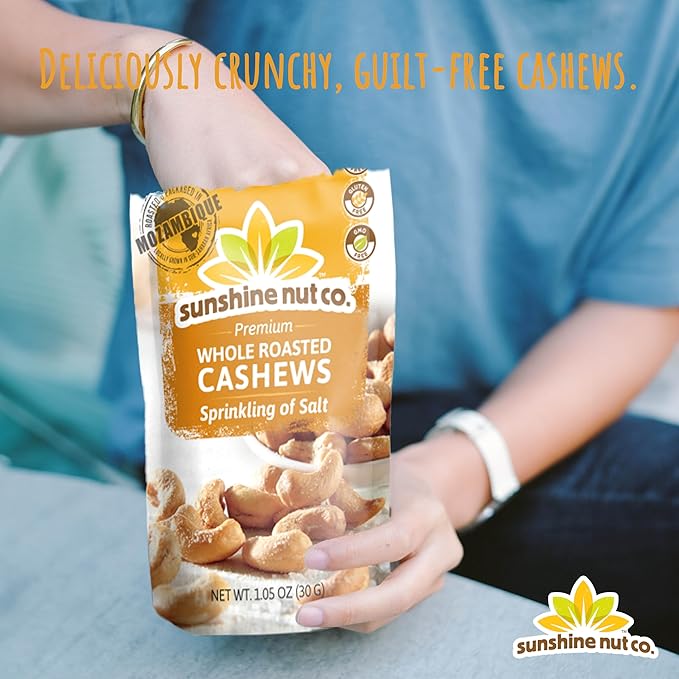 Sunshine Nut Company Whole Roasted Lightly Salted Cashews, Sprinkling of Salt Flavor, 12-Pack, 1.05 oz., Gluten Free, Peanut Free and Vegan Individual Snack Packs for Kids and Adults, GMO Free