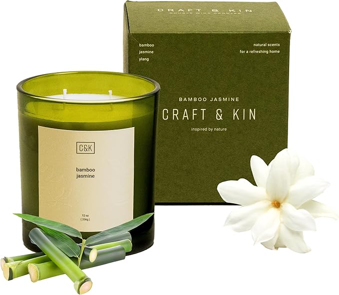 Craft & Kin 12oz Bamboo Jasmine Candle for Home | Premium Green Fall Scented Candles for Men | Made with Natural Soy | Gifts for Men and Women | Nature Collection