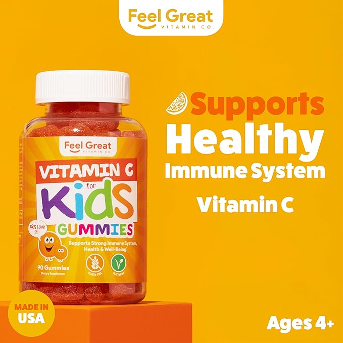 Kids Vitamin C Gummies Chewable for Immune Defense | Plant-Based, Gluten Free | Vegan | 250 mg per Serving | 90 Gummies | Vitamins for Kids by Feel Great Vitamin Co.