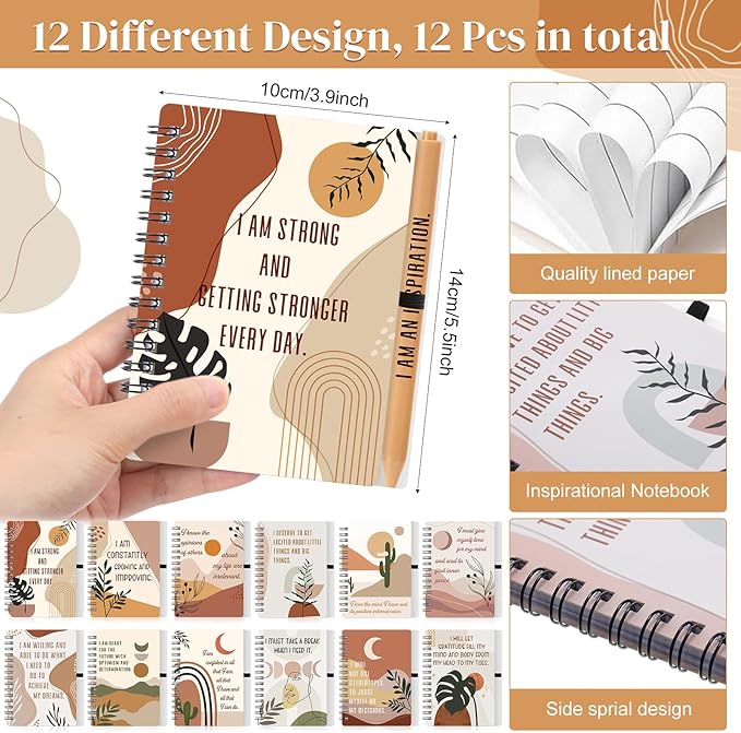 Kosiz 24 Pcs/12 Set Positive Affirmation Gifts Gratitude Spiral Notebooks with Pens Motivational Encouragement Notepads Daily Affirmations Journal for Women (Boho)