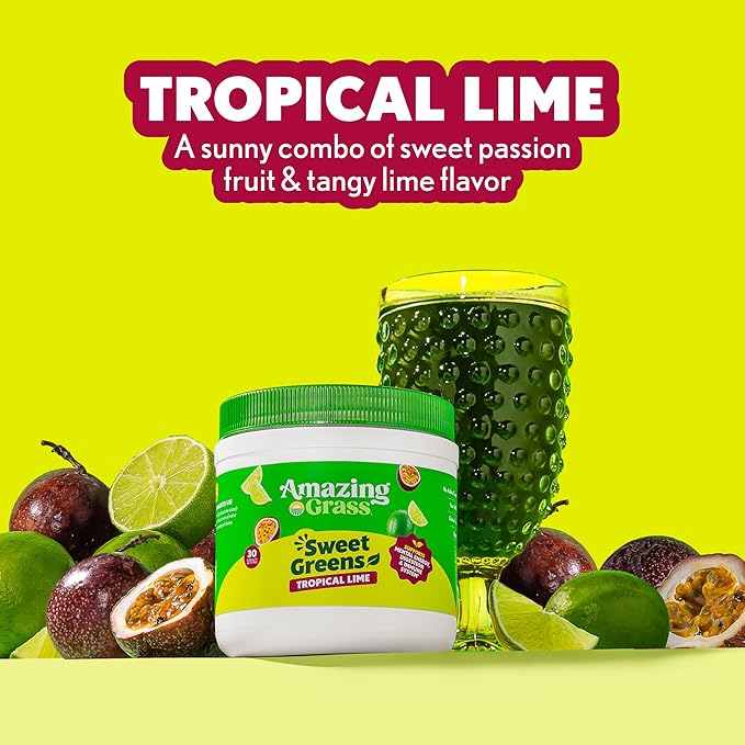 Amazing Grass Sweet Greens and Superfoods Powder for Digestive Health, Greens Powder, Digestive Enzymes, Probiotics, Spirulina, Chlorella, Tropical Lime, 30 Servings