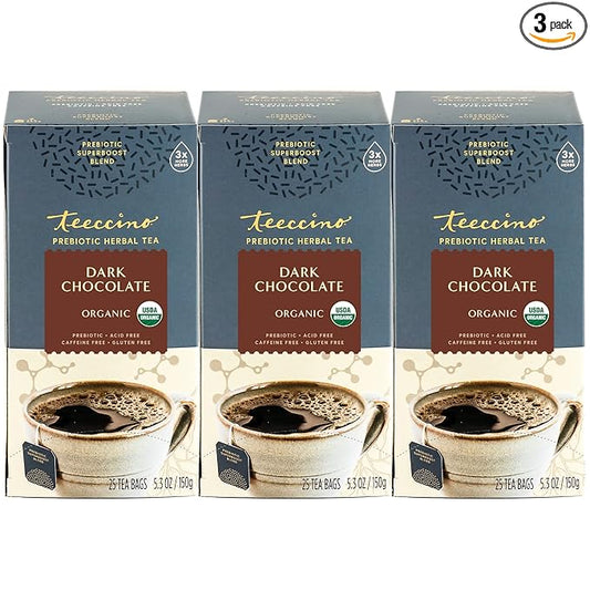 Teeccino Dark Chocolate - Prebiotic SuperBoost™ Herbal Tea - Support Your Probiotics with Vegan GOS & Organic XOS For Good Gut Health and Regularity, Digestive Chocolate Tea, 25 Tea Bags (Pack of 3)