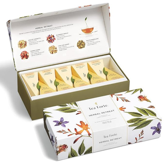Tea Forte Herbal Retreat Organic Caffeine Free Premium Herbal Tea Petite Presentation Box Tea Gift Set Sampler, 10 Handcrafted Pyramid Tea Bag Infusers