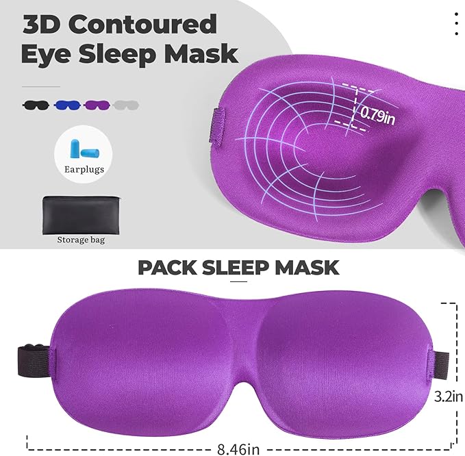 4 Pack Sleep Mask for Women and Men Adjustable Blackout 3D Eye Masks for Sleep, Blindfold with Storage Bag and Earplug for Travel Nap and Night (Black, Purple, Blue, Red)