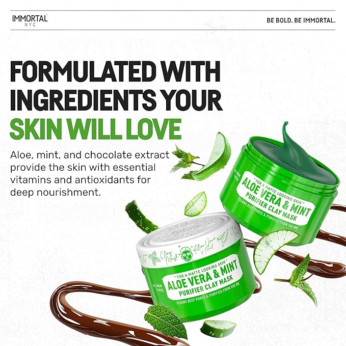Immortal NYC Aloe Vera & Mint Purifier Clay Mask – Face Mask for Matte Look Skin, Oil Control, Deep Cleansing & Refreshing Skincare. Great Gifts For Women & Men – 10 oz