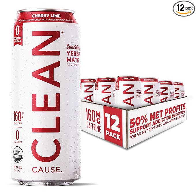 CLEAN Cause Zero Sugar Cherry Lime Yerba Mate Tea Sparkling, USDA Organic Energy Drink Alternative, Zero Calorie, 160mg Natural Caffeine, Soda Alternative, Plant-Based (16oz cans, 12-Pack Case)