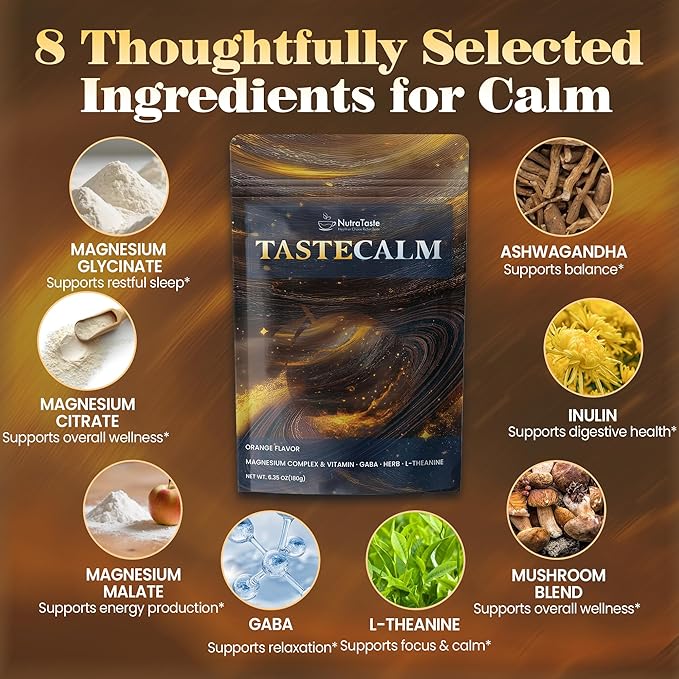 Calm Magnesium Powder, Ashwagandha, L-Theanine, GABA & 6 Mushrooms | Magnesium Glycinate Supplement for Relaxation & Calm Support | Non-GMO, Gluten-Free, Orange Flavor, 6.35oz