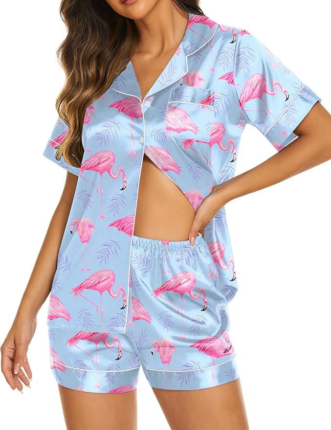 Ekouaer Silk Pajamas for Women Short Sleeve Sleepwear Soft Button Down Loungewear 2 Piece Satin Pjs Shorts Set S-XXL