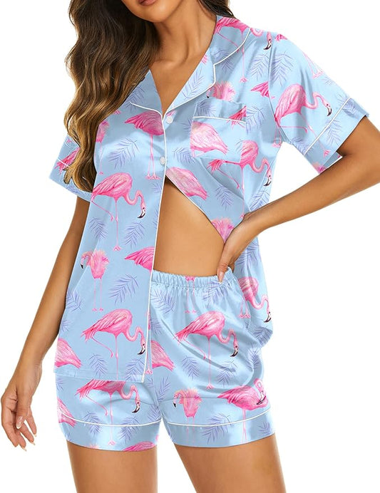 Ekouaer Silk Pajamas for Women Short Sleeve Sleepwear Soft Button Down Loungewear 2 Piece Satin Pjs Shorts Set S-XXL