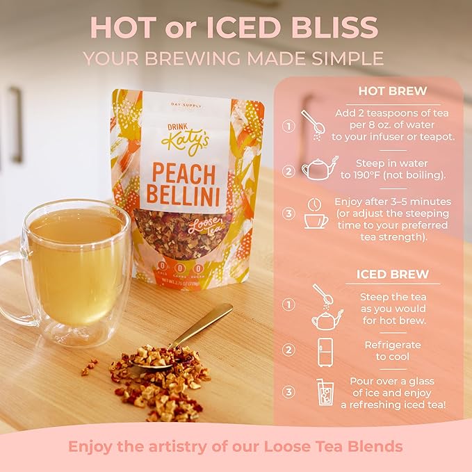 Katy’s Peach Bellini Loose Leaf Tea | Fruity & Refreshing Light White Herbal Tea | Apple, Peach & Mango | Caffeine-Free Tea | 30+ Cups | Hot or Iced | Premium Quality, Woman-Owned | 2.75oz Pouch