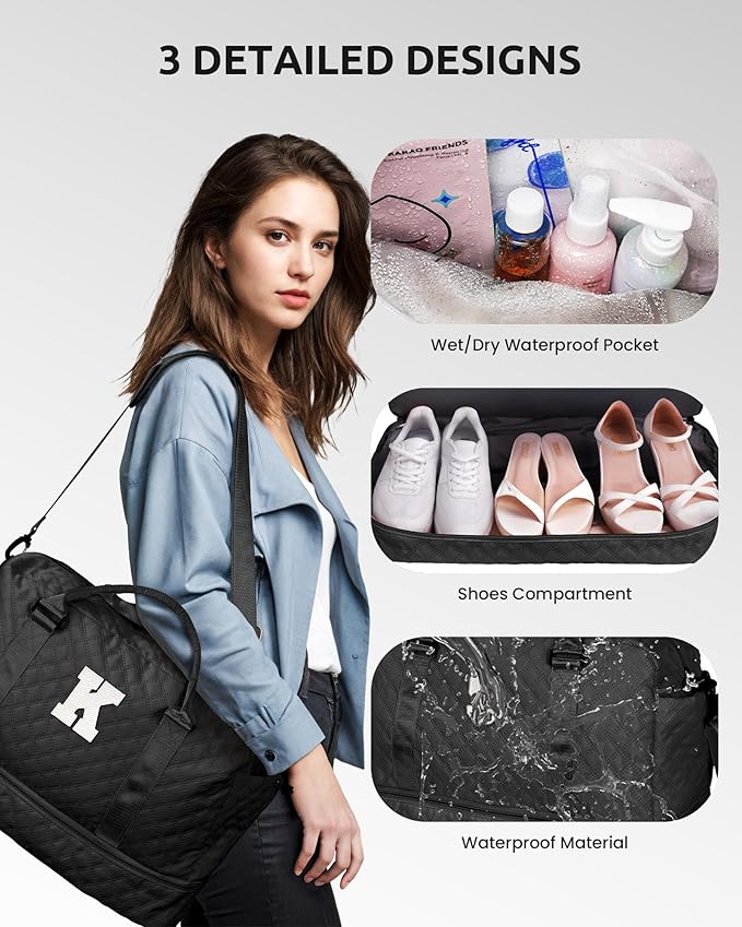 Initial Duffle Bag with Shoe Compartment, Personalized Weekender Bag with Shoulder Strap, Overnight Bag for Women with Trolley Sleeve & Wet Pocket, Travel Bag with Makeup Bag (Letter E)