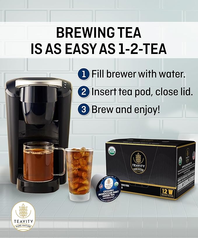Organic Moroccan Mint Tea and Green Tea Pods for Keurig - Caffeinated Unsweet Tea for K Cup Brewing by Teavity (12 Tea Pods)