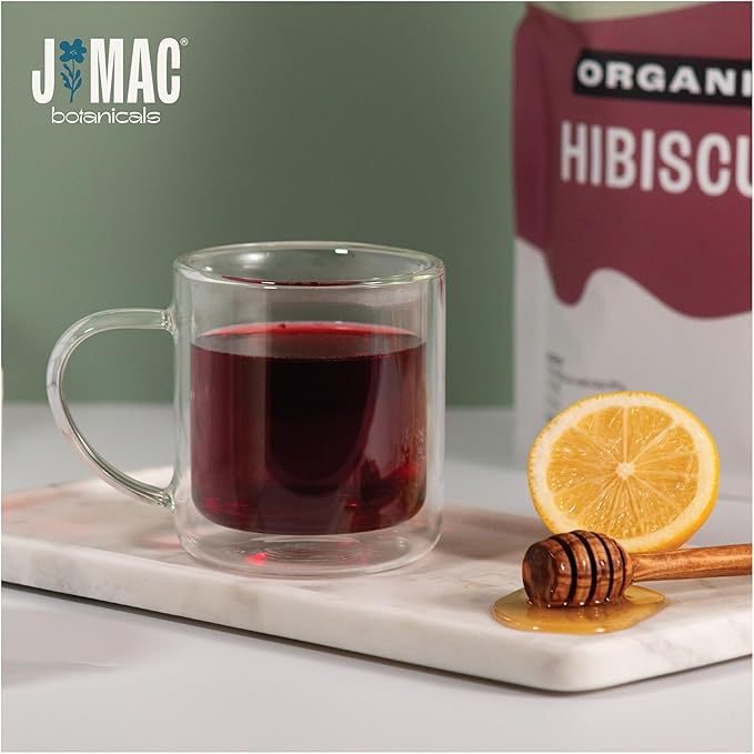 J Mac Botanicals, Organic Hibiscus Flower (4 ounce), Hibiscus tea, cut & sifted flowers, dried from Egypt, herbal tea leaves, Flor de Jamaica, edible