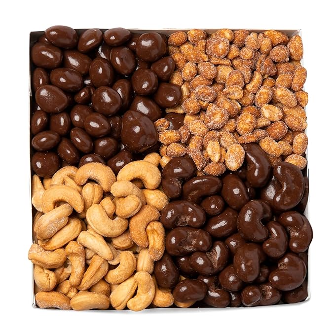 Nuts.com – Sweet and Salty Gift Tray for Fall, Thanksgiving and Festive Gifts — Healthy Snack Sampler Box, 1.25 Lbs of Roasted Cashews, Peanuts, Chocolate-Covered Raisins