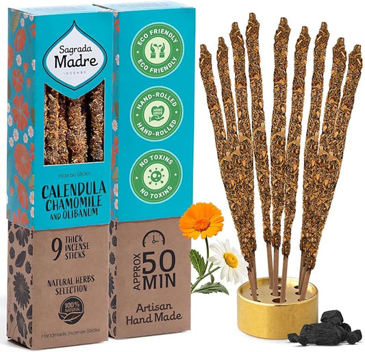 Sagrada Madre Chamomile Incense Sticks - 9 Extra Long Rods for Abundance, Peace, Love & Protection - Infused with Natural Calendula, Frankincense & Essential Oils - 50-Minute Burn Time for Meditation