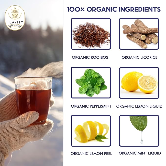 Organic Rooibos Tea Pods for Keurig with Lemon, Mint, Licorice - Unsweetened Decaf Tea for K Cup Brewing - Cold Be Gone by Teavity (12 Tea Pods)