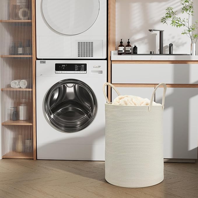 58L Cotton Rope Laundry Basket (20"x15"),Woven Basket for Storage Dirty Clothes Basket for Laundry, Living Room, Nursery, Bedroom Rope Storage Basket for Blankets（White）