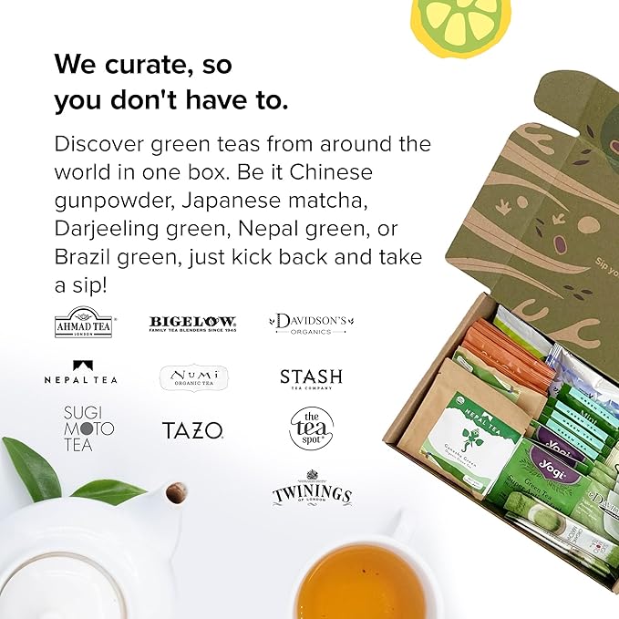 Sippingly Green Tea Sampler – 40 Assorted Green Tea Bags – 10 Flavors from Japan, Nepal, China & India – Naturally Energizing, Medium Caffeine – Ideal Gift for Tea Enthusiasts – Kosher, Gluten-Free