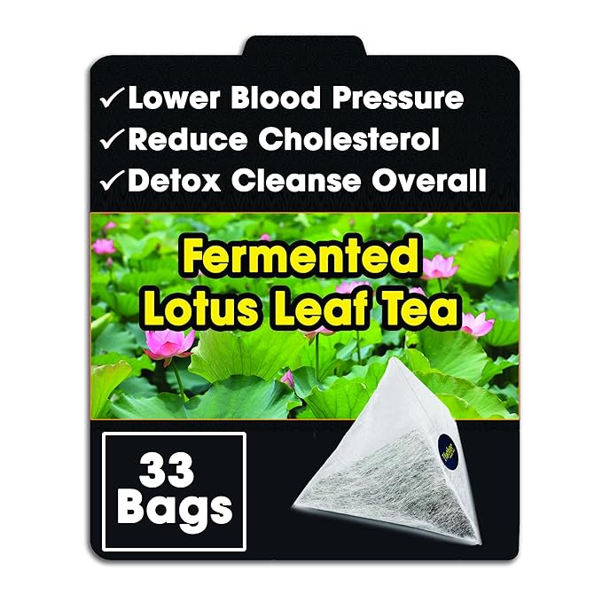 Fermented Lotus Leaf Tea Bags – Lower Blood Pressure, Reduce Cholesterol & Detox Cleanse – Flavor Balance of Nectar & Meatiness - Herbal Loose Leaf Tea Bag in Pyramid with Dipping String