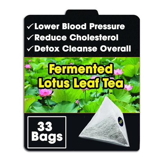 Fermented Lotus Leaf Tea Bags – Lower Blood Pressure, Reduce Cholesterol & Detox Cleanse – Flavor Balance of Nectar & Meatiness - Herbal Loose Leaf Tea Bag in Pyramid with Dipping String