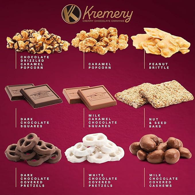 KREMERY Creamy Chocolate Cravings - Diwali Sweets Hamper Chocolate Covered Pretzels & Caramel Popcorn Gift Basket, in Seagrass Tray + Ribbon (Deluxe, 3.5 lbs) Food Arrangement