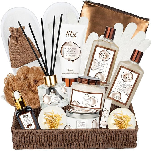 Bath and Body Gift Basket Set for Women - Coconut Vanilla Christmas Gifts for Women, Spa Gift Basket 17-Piece Bath Gift Set Self Care Gifts for Mothers Day, Birthday Gifts