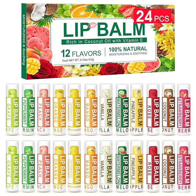 DMSKY Natural Lip Balm Bulk 24 Pack, Moisturizing Lip Balm with Vitamin E and Coconut Oil, Lip Care Product for Chapped Lips-12 Flavors