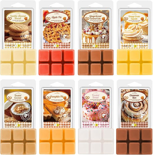 Bakery Wax Melts, 8 Pack Scented Wax Cubes, Soy Wax Cubes Strong Scent, Wax Melts Tarts for Warmer - Vanilla Almond Biscuit, Toasted Coconut, Frosted Donut and More, Colored Wax Melt Gift Set