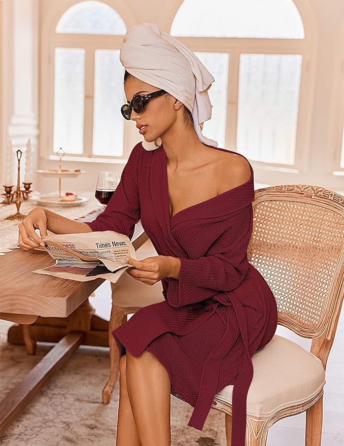 Ekouaer Robes for Women Waffle Knit Bathrobe Lightweight Kimono Robe Knee Length Loungewear with Pockets
