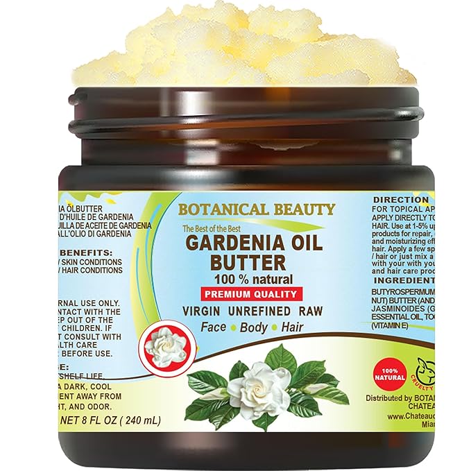 Botanical Beauty GARDENIA OIL BUTTER 100% Natural Gardenia Essential Oil in Shea Nut Butter for FACE, SKIN, BODY, HAIR, NAILS. Beauty Skin Moisturizer Oil Butter. (8 Fl Oz)