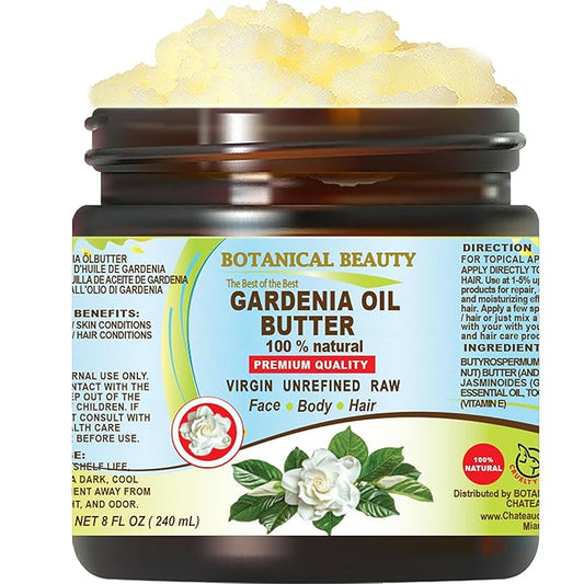 Botanical Beauty GARDENIA OIL BUTTER 100% Natural Gardenia Essential Oil in Shea Nut Butter for FACE, SKIN, BODY, HAIR, NAILS. Beauty Skin Moisturizer Oil Butter. (8 Fl Oz)