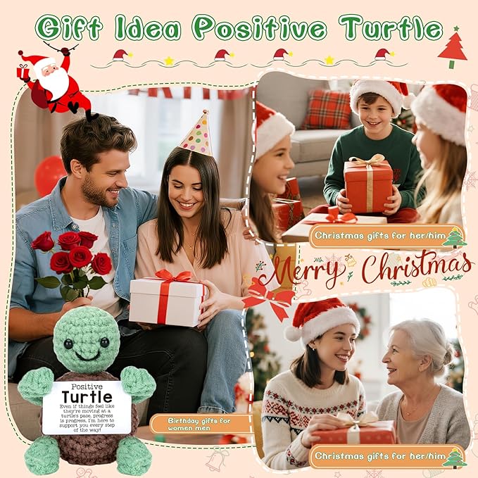 Funny Positive Turtle Gifts for Friend Christmas, Handmade Emotional Active Support Gifts for Coworkers, Creative Knitted Turtle Stocking Stuffers for Women Men, Cheer Up Gifts Positive Turtle Decor