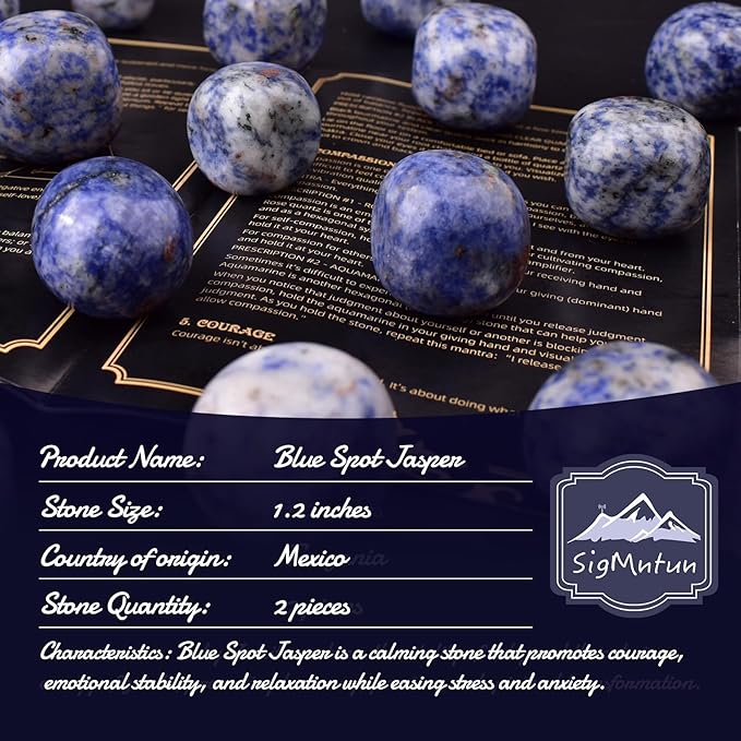 Polished Blue Spot Jasper Crystal Stones - 2 Pcs of 1.2" Worry Stone for Anxiety, Pocket Palm Stone Super Large Handpicked Natural Tumbled Gemstones for Meditation, Reiki, Chakra Healing, Home Decor