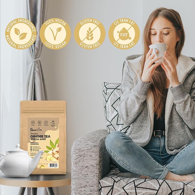 KHWAN’S TEA Ginger Tea Bags - Ginger Root Powder For Herbal Tea Bags, Caffeine Free Tea Bags, Supports Digestion, Soothing & Spicy (2g/Bag)