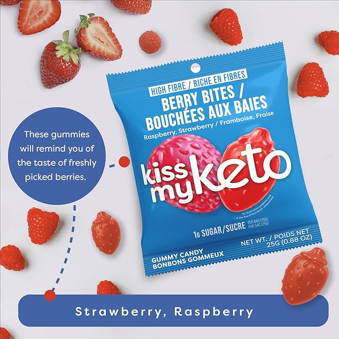 Kiss My Keto Sugar Free Gummies, Berry Bites 8-Pack – Satisfy Cravings while Staying in Ketosis – High Fiber, 7g Net Carbs, Non-GMO, Vegan, & Gluten-Free – Low-Calorie Vegan Candy