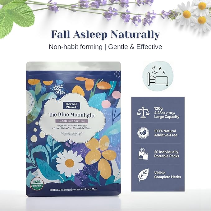 Herbal Planet Sleep Support Tea – Bedtime & Nighttime Relaxation Blend, Caffeine-Free | Calming Chamomile, Lavender & Mint | 20 Tea Bags (4.23oz / 120g)
