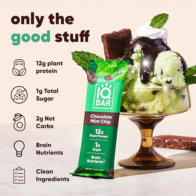 IQBAR Brain and Body Plant Protein Bars - Chocolate Mint Chip - 36-Count - Keto, Vegan, Low Carb, High Fiber, Gluten Free, Dairy Free, Low Sugar Snack with Nutrients for Focus, Energy, Meal Replacement