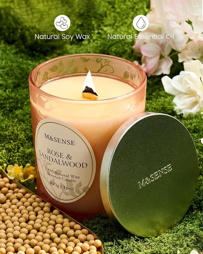 M&SENSE Rose Sandalwood Scented Candle, Wooden Wick Candle with Lid, 100 Hours Long Burning Natural Soy Wax 18oz, Stress Relief Meditation Air Purifying Home Fragrance,Housewarming Gifts for Her Him