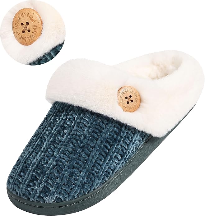 Evshine Warm Knit House Slippers for Women Comfy Wool-Like Lined Chenille Slippers with Memory Foam and Indoor Outdoor Soles