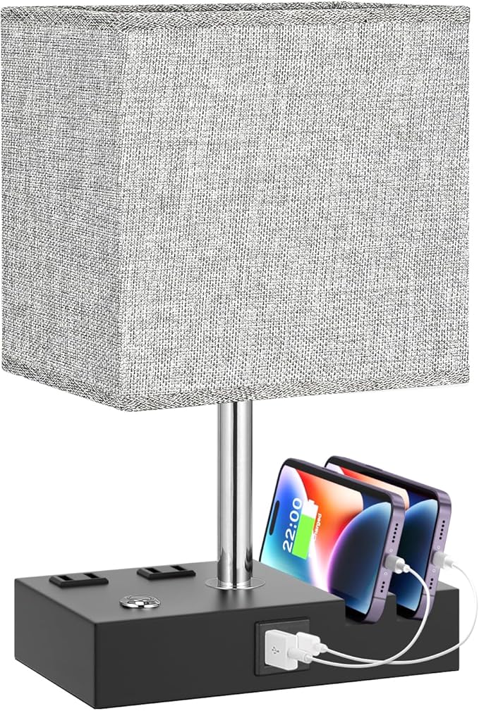 Kakanuo Nightstand Lamp for Bedroom with Dual USB Ports, Grey Touch Control Bedside Table Lamp with Charging Outlets and Phone Stands, 3-Way Dimmable Desk Lamp for Living Room, LED Bulb Included