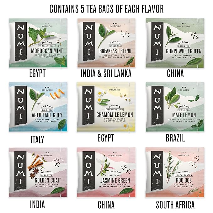 Numi Organic Tea World of Tea Gift Set, 45 Tea Bags, Fair Trade Black, Green, Maté, Rooibos & Herbal Tea Sampler