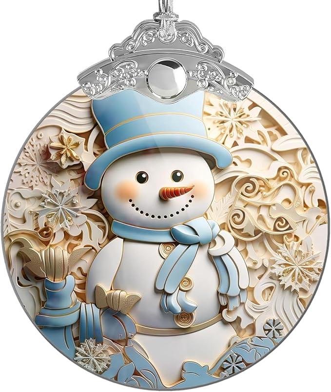 2025 Christmas Ornament, Stained Glass Effections, Christmas Tree 4 Inch Acrylic Ornament Art, White Elephant Gifts for Adults, Christmas Decorations (Blue hat Snowman)