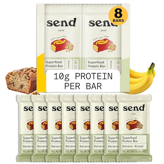 Send Bars Plant-Based Vegan Healthy Protein Bars, With Greens (Banana Bread, 8 Bars) – Only Real Ingredients, Zero Added Sugar, Gluten-Free, Dairy-Free