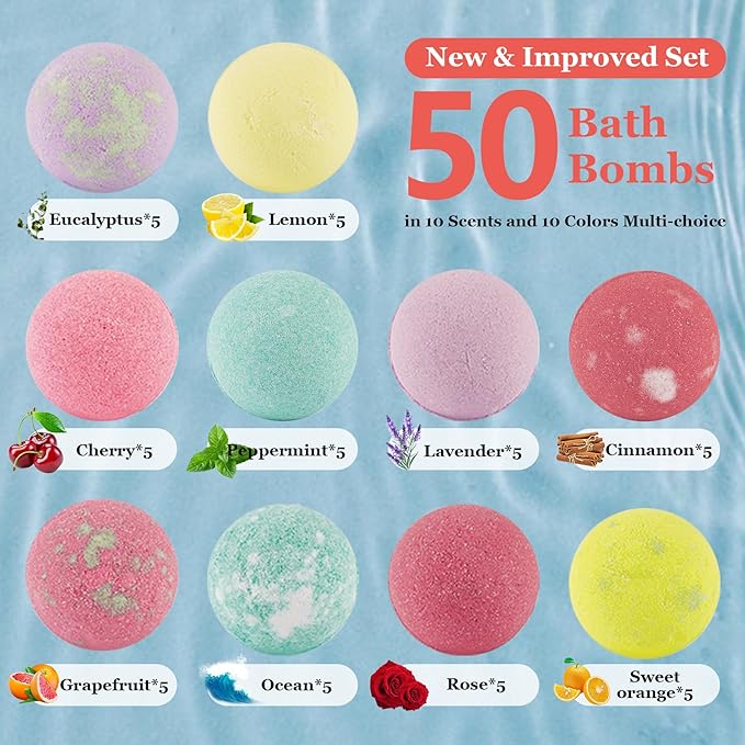 Bath Bombs for Women Gift Set, 50 Pcs Natural Organic Bubble Bathbombs with 10 Rich Scents, Handmade Bubble Bath & Fizzy, for Bubble Bath Spa, Christmas, Birthday, Valentine's, Present Giving