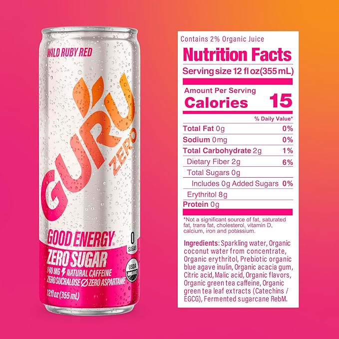 GURU ZERO SUGAR Wild Ruby Red Organic Energy Drinks, Clean Energy Drink with Plant Based Natural Caffeine from Green Tea, Coconut Water, Prebiotic, Zero Added sugars, Gluten Free and Vegan, Pre Workout, Healthy Drinks, 12oz (Pack of 24)