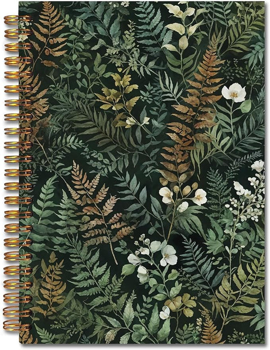 Dark Green Plants Spiral Notebooks, Botanical Journal, Fern Leaf Floral Journals for Writing, Rustic Cottagecore Flower Botanical Notebook for Note Taking, 5.5x8.3 Inch