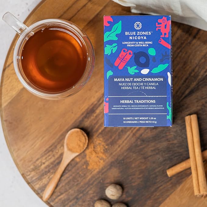 Blue Zones Nicoya - Maya Nut & Cinnamon Flavored Tea Bags - 100% Natural, Organic, and Refreshing - High Micronutrients - Gluten, Caffeine, Sugar-Free - Pack of 18 (1.59 oz/ 45 g)